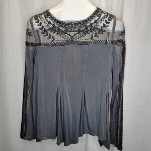 Free People JoJo Gray Long Sleeve w/ Lace Shoulders & Pleating. S